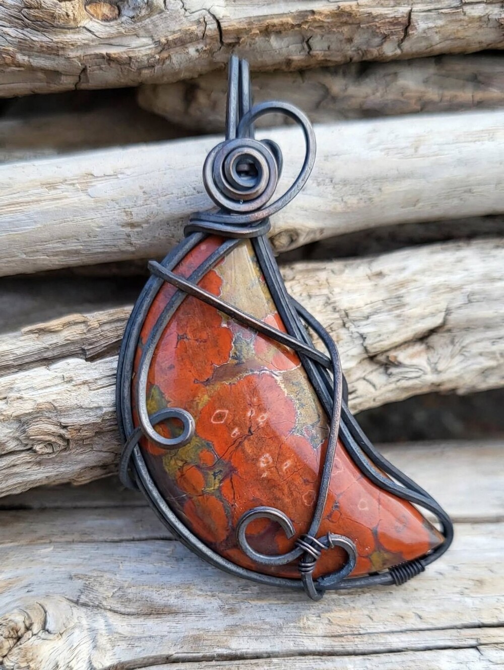 Handcrafted Designer Morgan Hill Poppy Jasper Crescent Moon Pendant